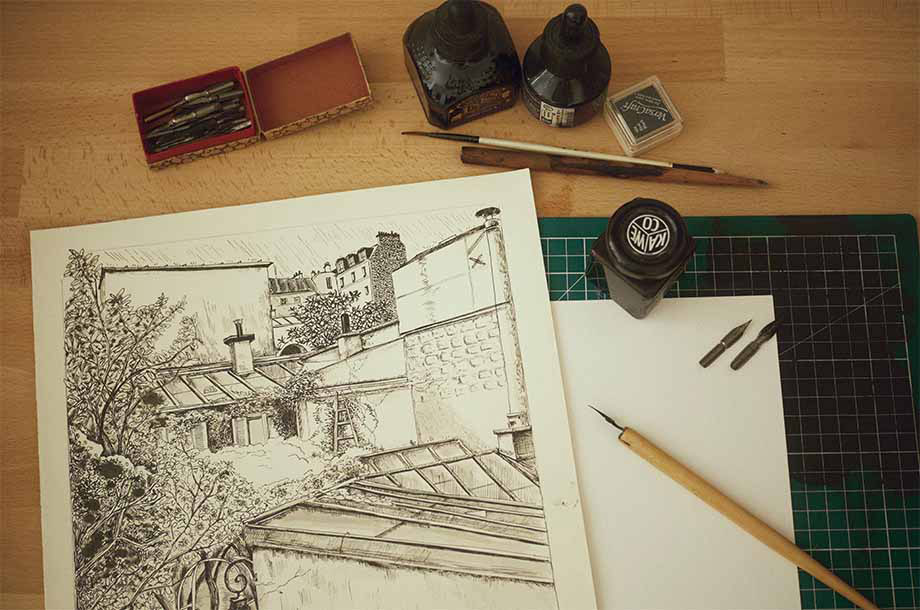 ペンと黒インクだけで家が描かれるイラストの画像