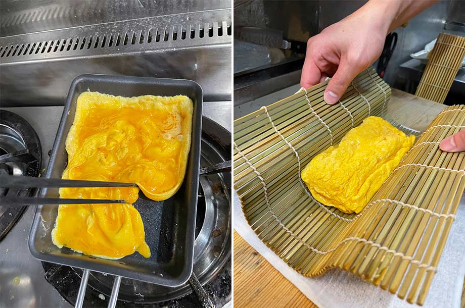 だしまき玉子を焼いてから巻いている画像
