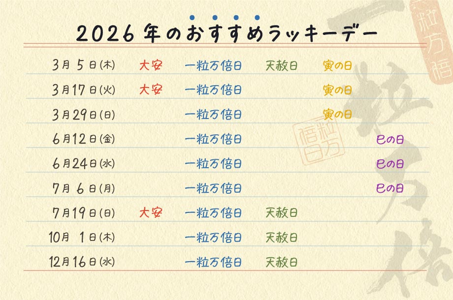 2026年の「一粒万倍日・天赦日・寅の日・巳の日」。お財布などの新調に