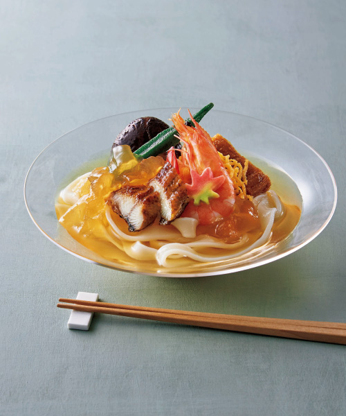＜京料理 美濃吉＞冷やしうどんのすき出汁ジュレ掛けの画像