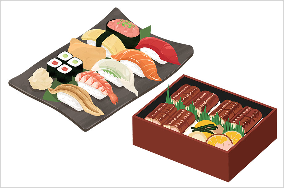 お寿司・うなぎのお弁当のイラスト