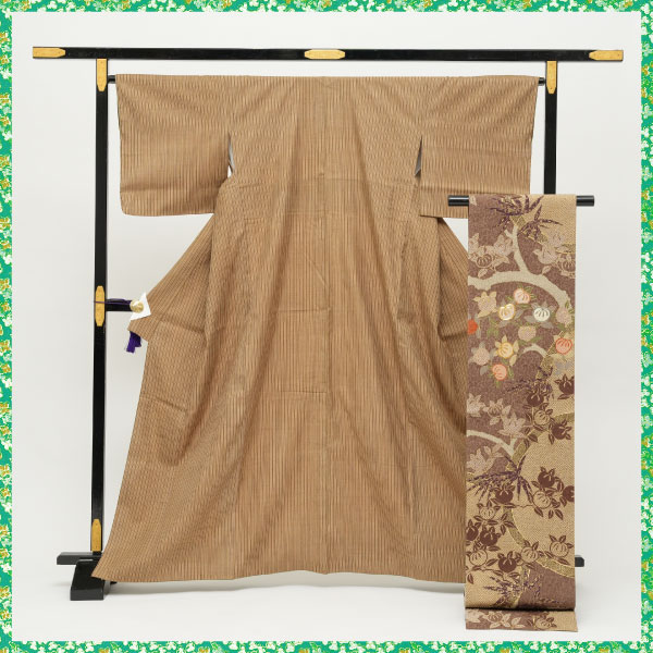 三結衣展_お仕立上り本場結城紬「縞」・袋帯「染疋田刺繍橘」の画像